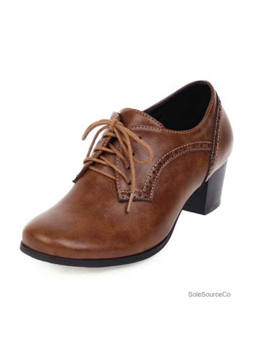 Women's Chunky Mid Heel Oxfords Square Toe Lace Up Block Heeled Brogues Work